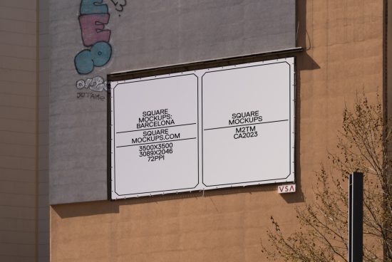 Billboard mockup on building facade displaying design specs for square format, ideal for designers and advertising layouts.